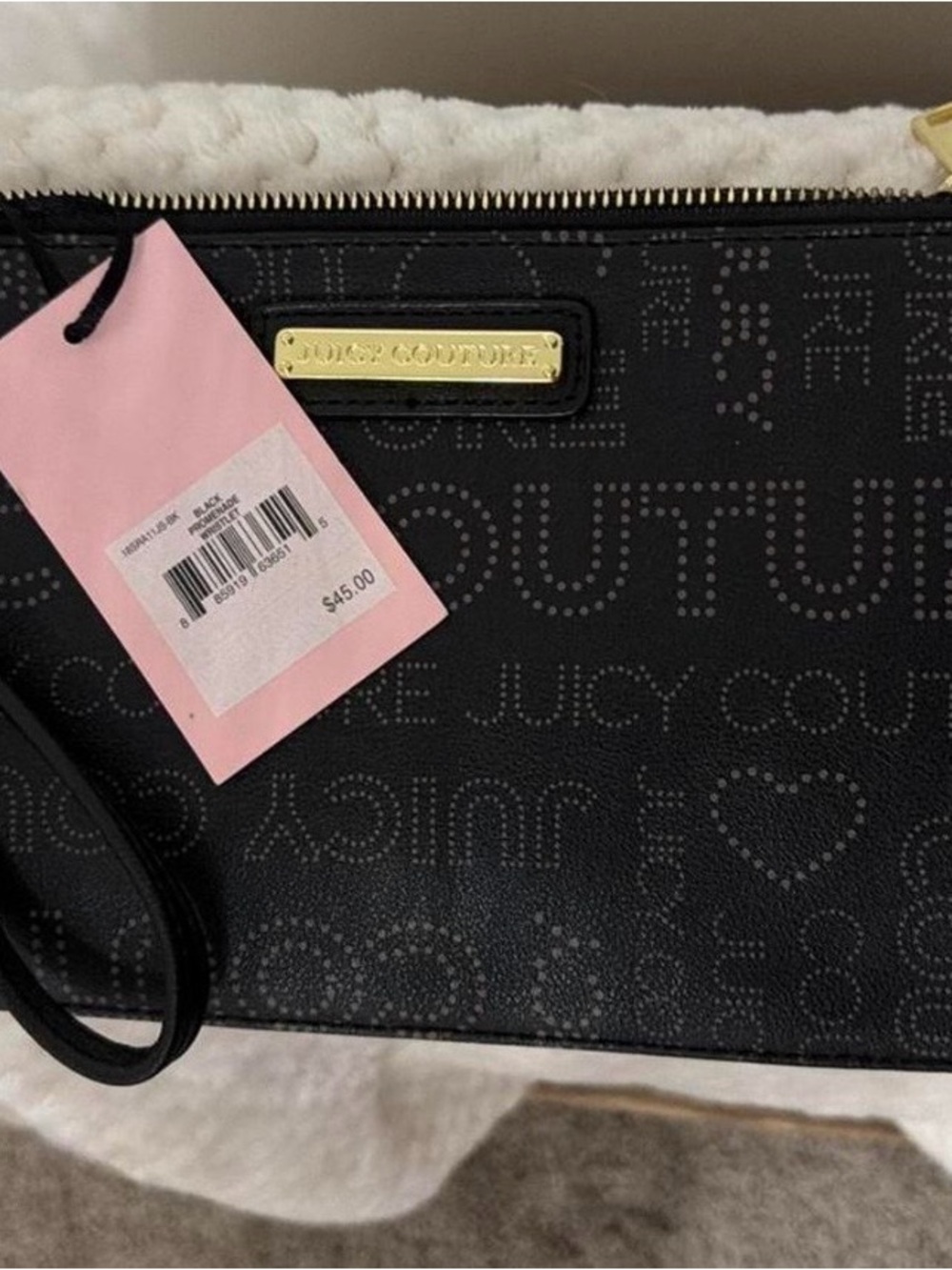Juicy Couture Black Logo Zip Wristlet with Gold Plaque